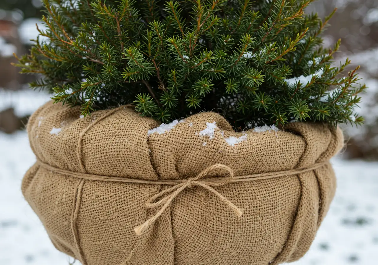 A medium shot of a small evergreen shrub (like a pyramid cedar or dwarf Alberta spruce) loosely wrapped in natural-colored burlap for winter protection. The burlap starts near the base and spirals upwards, overlapping slightly, secured loosely with natural twine. The very top of the evergreen is visibly left open to the air, allowing for circulation. The scene is set in late fall, with frost visible on the dormant grass nearby but no significant snow accumulation. Focus is on the correct wrapping technique and materials.