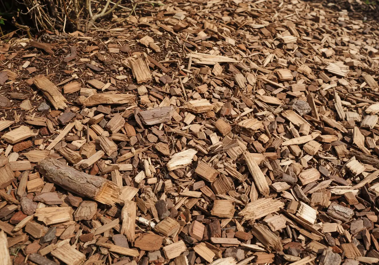 A close-up, detailed photograph showcasing a thick layer of fresh wood chip mulch spread evenly on the ground. The texture of the wood chips should be clear, possibly with some variation in colour and size, illustrating the beneficial reuse of cleared vegetation.