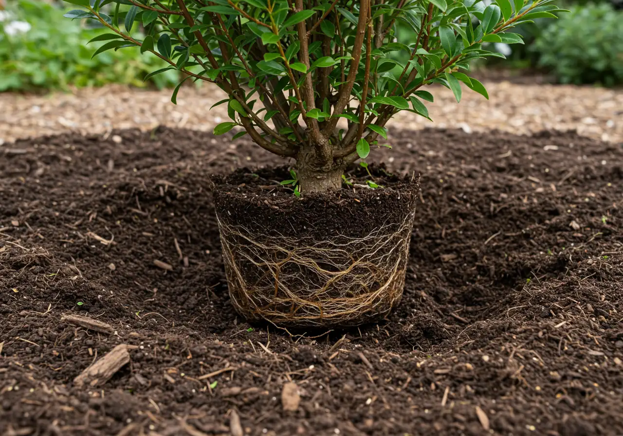 An eye-level, close-up photograph focusing on the base of a newly planted shrub. It clearly shows the top of the root ball positioned correctly, slightly above the surrounding amended, dark, loamy soil level. A thick layer of natural wood chip mulch covers the soil around the plant, stopping a few inches from the stem.