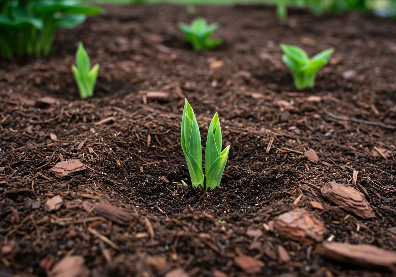 A close-up view of several newly planted perennial divisions (e.g., small Hosta shoots or Daylily fans) in well-amended, dark, moist soil. A fresh layer of dark brown shredded bark mulch is carefully applied around the base of each plant, leaving a small gap around the stems. This illustrates proper planting depth and the mulching technique described in the aftercare section.