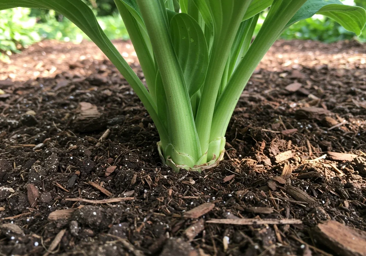 A close-up shot focusing on the base of a healthy young perennial plant (like a Hosta or Daylily) surrounded by a neat, even layer of dark brown shredded bark mulch. The mulch covers the soil surface effectively, demonstrating moisture retention and weed suppression. Crucially, a small, deliberate gap of bare soil is visible directly around the plant's stem, showing proper mulching technique to prevent stem rot. Soft, natural light enhances the textures.