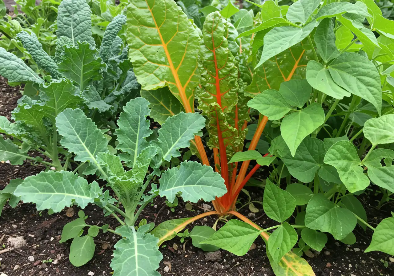 A close-up photograph showcasing healthy examples of vegetables known to tolerate clay soil. Focus on the vibrant foliage of plants like sturdy kale, leafy Swiss chard with colorful stems, or robust bush bean plants thriving in a garden setting.