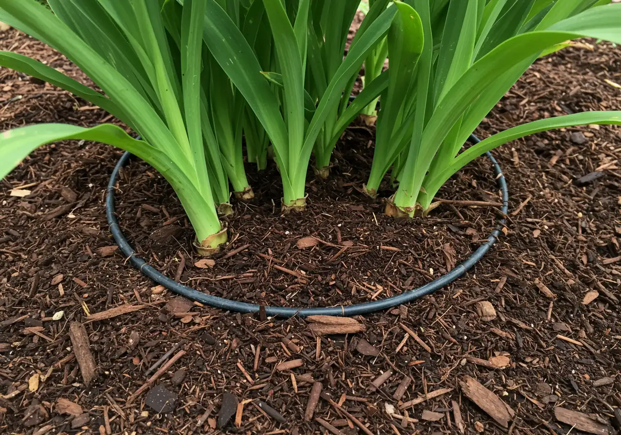 An overhead or angled close-up shot demonstrating the correct application of natural shredded hardwood mulch around the base of several rain garden plants. The image should clearly show a consistent 2-3 inch layer of mulch covering the soil, effectively suppressing weeds. Crucially, it must also clearly depict the small, intentional gap or 'donut' of clear space left around the stems/crowns of the plants to prevent moisture buildup and rot.