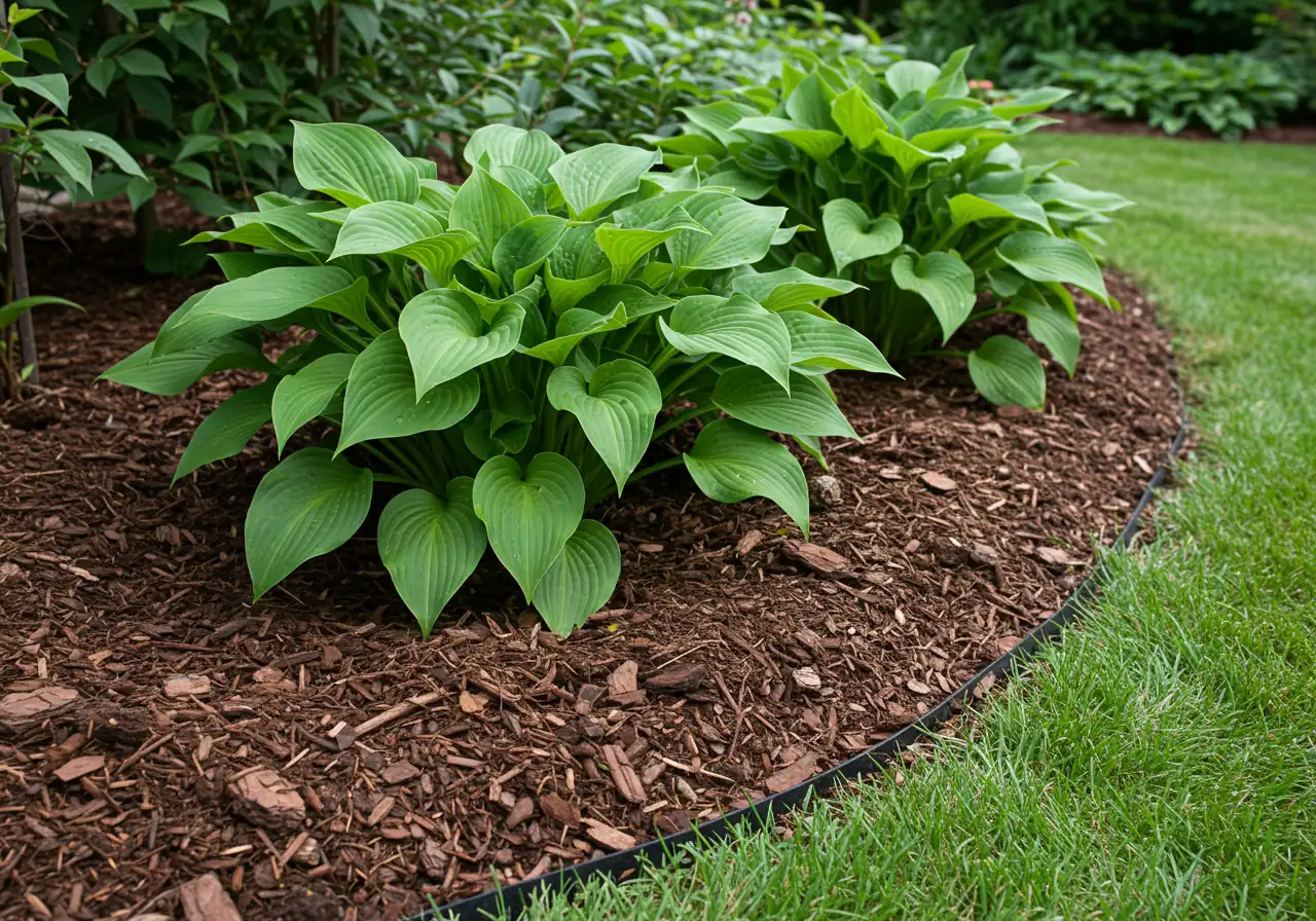 A detailed close-up shot illustrating proper mulching technique. Showcases a layer of dark brown shredded bark mulch spread evenly around the base of healthy, vibrant green perennial plants (e.g., hostas or ferns). Crucially, the image must clearly depict a visible gap of an inch or two between the mulch layer and the actual stems of the plants, avoiding the 'mulch volcano' effect. Morning sunlight could add depth.