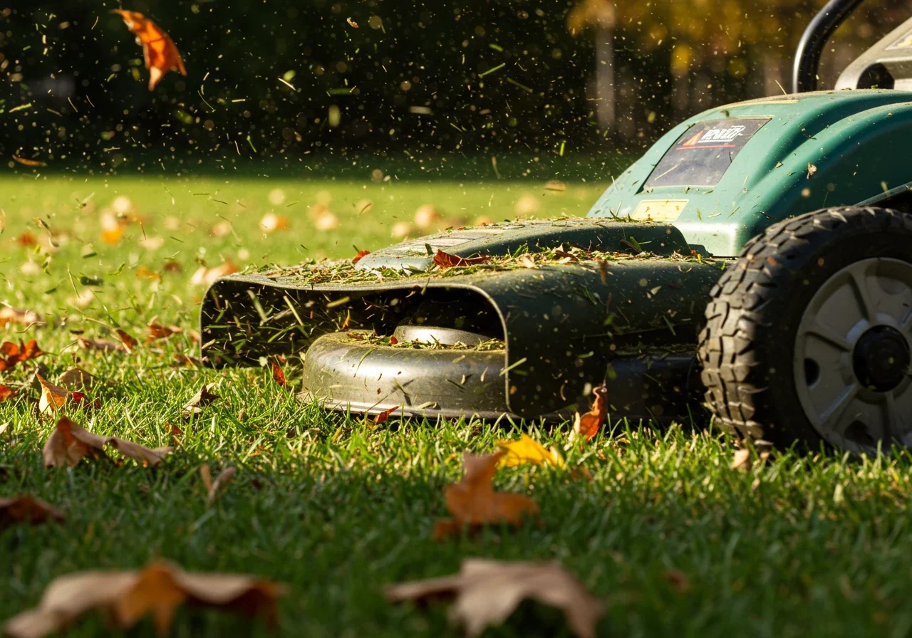 Illustrates the leaf mulching technique. Shows the lower section of a lawn mower (no operator visible) actively moving across a lawn covered in dry leaves. Focus is on the action under the mower deck, capturing the motion blur of leaves being finely shredded and ejected back onto the grass as natural mulch. Vibrant fall leaf colors contrast with the green grass.