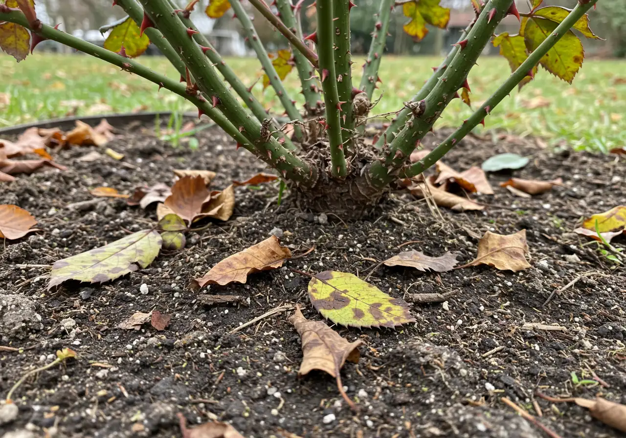 A close-up, ground-level view focusing on the base of a dormant rose bush before fall clean-up. The soil surface is littered with fallen rose leaves, some visibly marked with black spot disease, along with a few small dead twigs and possibly a stray weed. This illustrates the need for the clean-up described in the text.