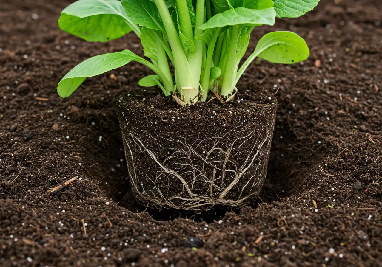 A close-up, ground-level photograph demonstrating the correct planting depth for a perennial plant. The image shows the plant's root ball being placed into a prepared hole in the garden bed. The crucial detail is that the top surface of the root ball soil is exactly level with the surrounding garden soil surface. Amended, loose soil is visible around the hole. Focus is sharp on the root ball and the soil line.