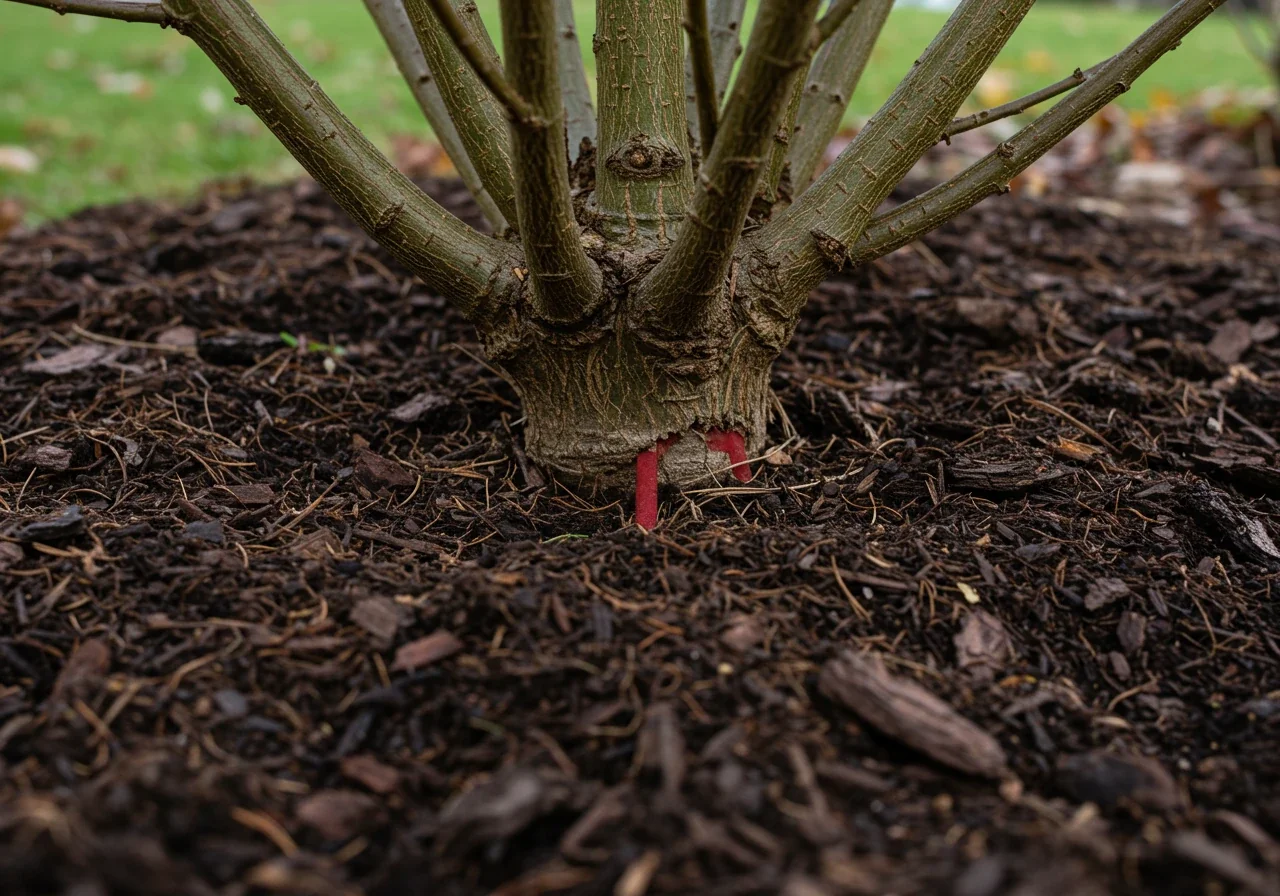A close-up, ground-level view emphasizing proper mulching technique around the base of a shrub. A thick layer of shredded bark mulch covers the soil, but a distinct gap of 1-2 inches of bare earth is maintained directly around the plant's stem to prevent moisture buildup and rot.