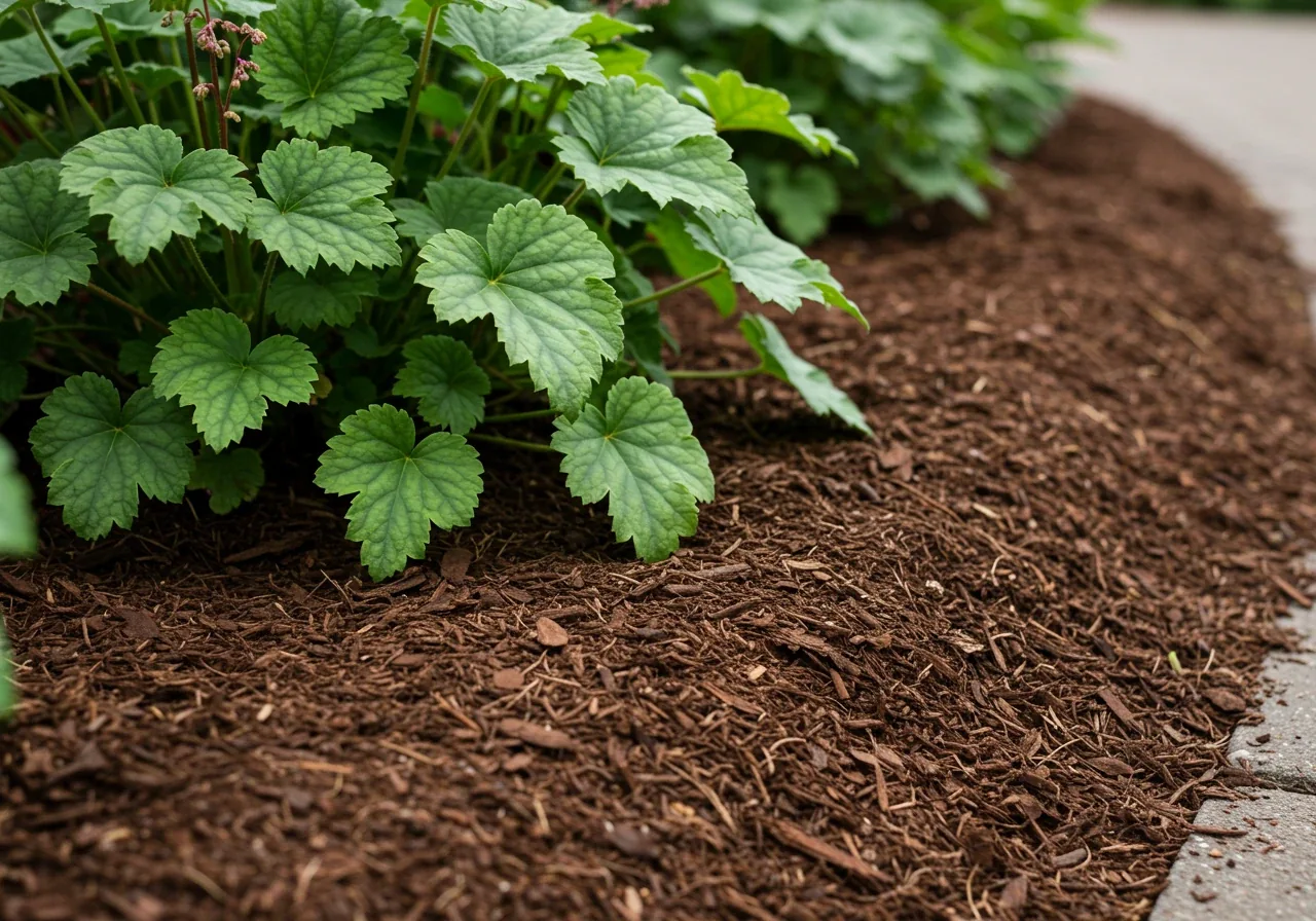 A close-up, ground-level perspective of a garden bed showcasing the benefits of mulch. A thick, even layer (2-3 inches) of dark brown, shredded bark mulch covers the soil around the base of several healthy green perennial plants (e.g., ferns or Coral Bells). The image emphasizes the clean, weed-free appearance and the texture of the mulch.