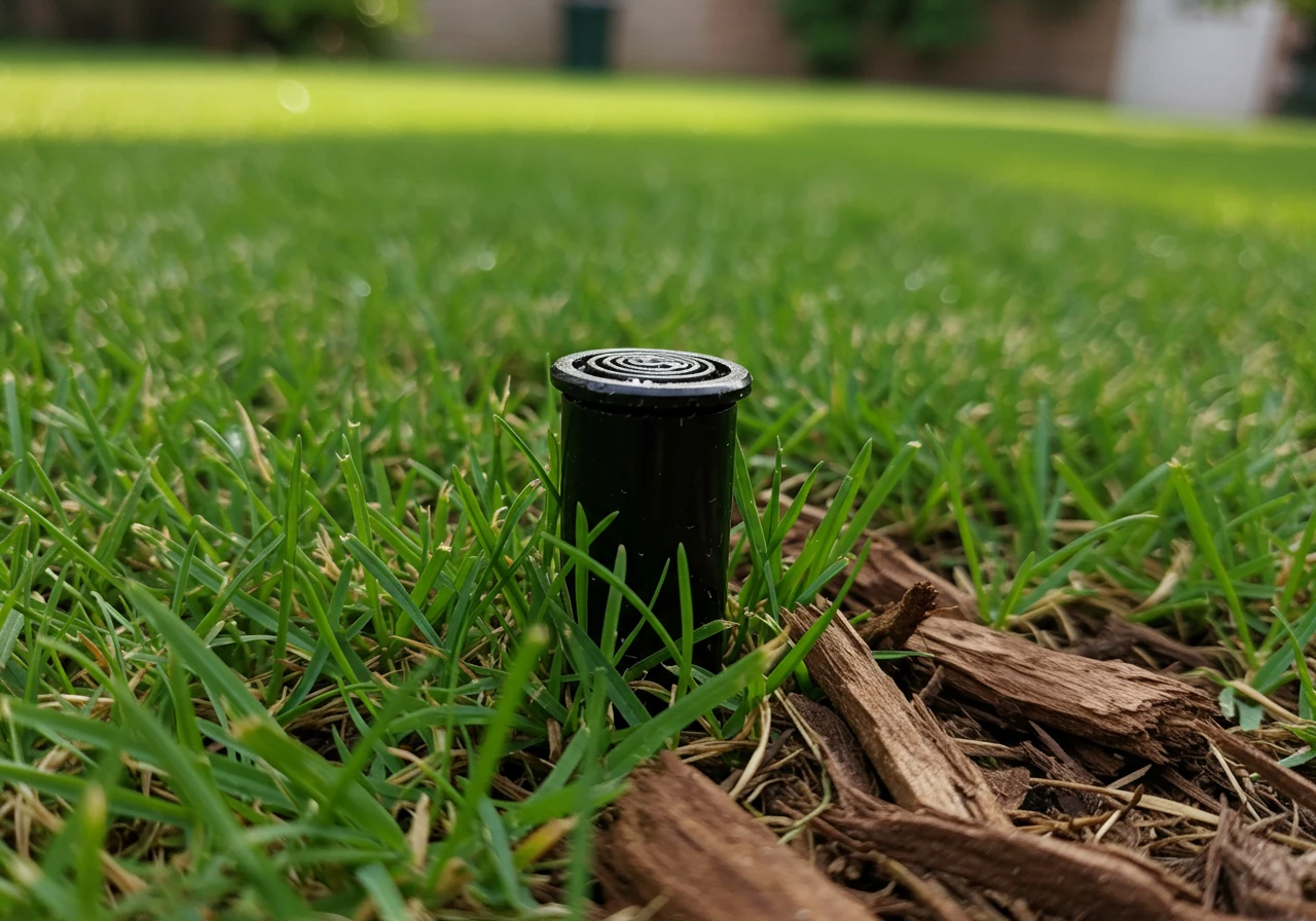 A close-up, ground-level photograph focusing on a single pop-up sprinkler head embedded in a green lawn. The sprinkler head is noticeably tilted at an angle and partially obstructed by overgrown grass blades and a small amount of brown mulch, illustrating a common issue found during visual inspections like frost heave or being buried.