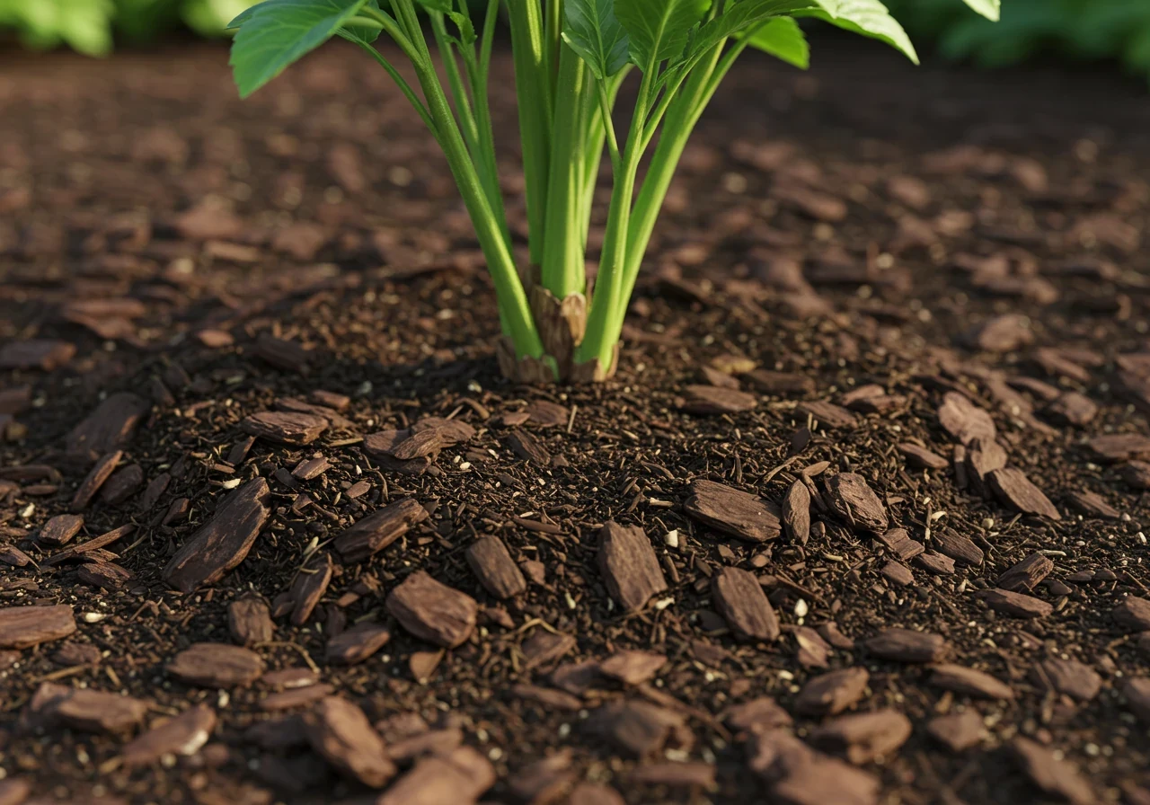 A practical, illustrative image showing the correct mulching technique around a newly planted native plant. Focus on the base of the plant, showing a thick layer of organic mulch (like shredded bark) applied over the soil, leaving a small, clear space around the stem.