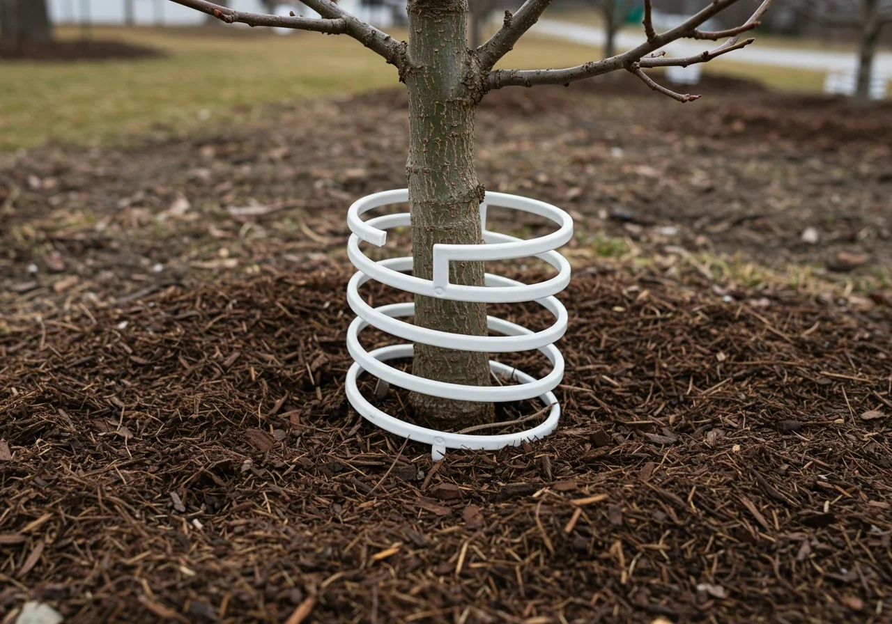 An image showing the base of an espaliered tree prepared for winter. It should illustrate 'Step 2: Mulch Magic' and 'Step 3: Winter Wardrobe', showing mulch applied correctly (away from the trunk) and perhaps a protective tree guard.