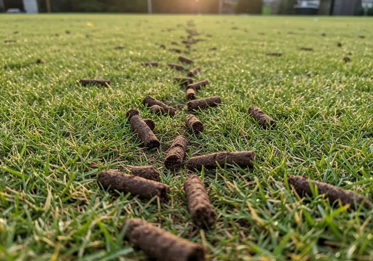 A clear, close-up overhead view demonstrating the visual result of lawn core aeration. The image should show a section of turf with numerous small, cylindrical holes and the corresponding soil plugs scattered across the grass surface. The grass should look like typical early spring turf, perhaps slightly damp or showing some green.