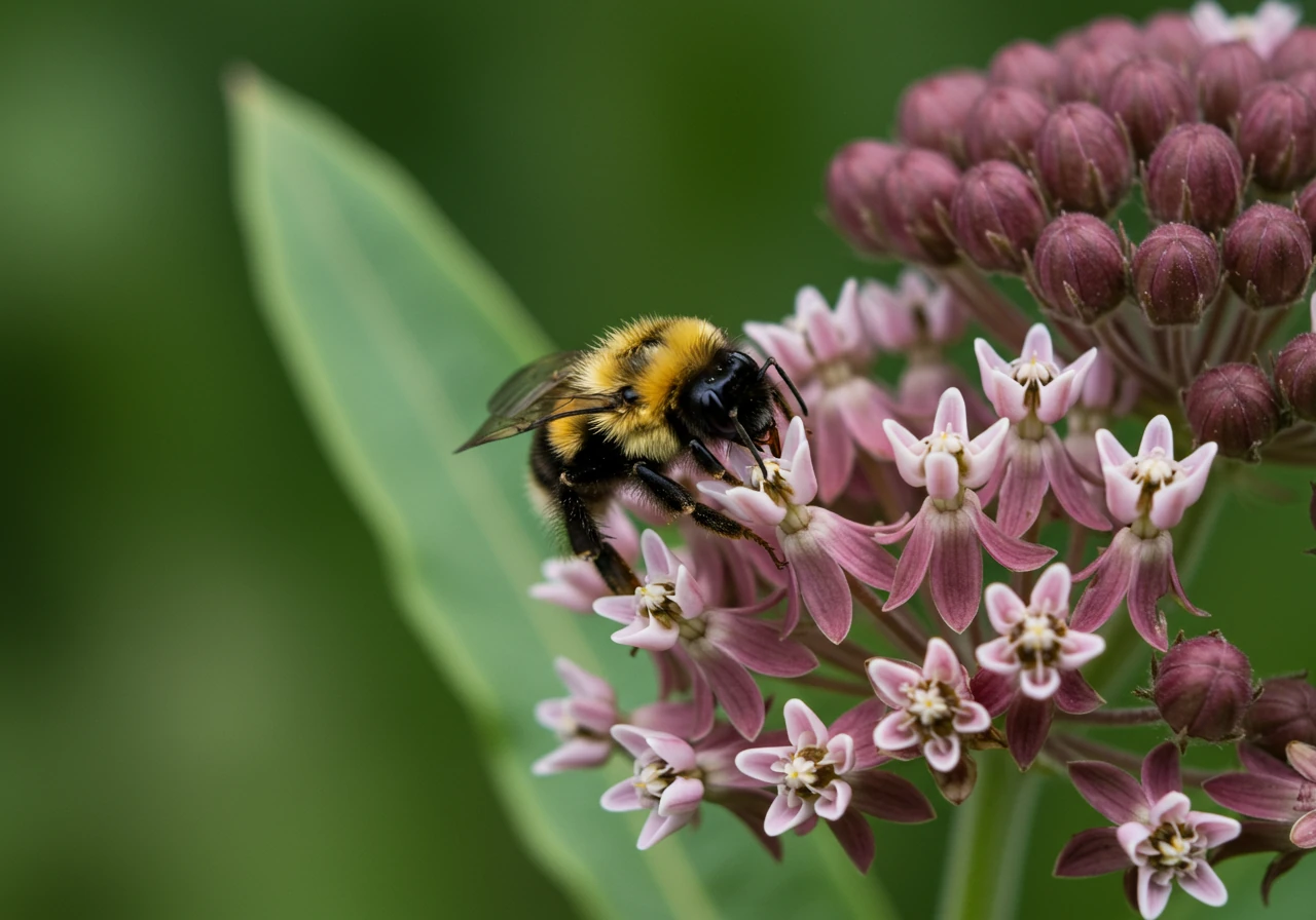 A close-up image of a native pollinator (like a bee or butterfly) visiting a native Ontario wildflower (like Milkweed or Coneflower). This directly illustrates the benefit to local wildlife discussed in the section.