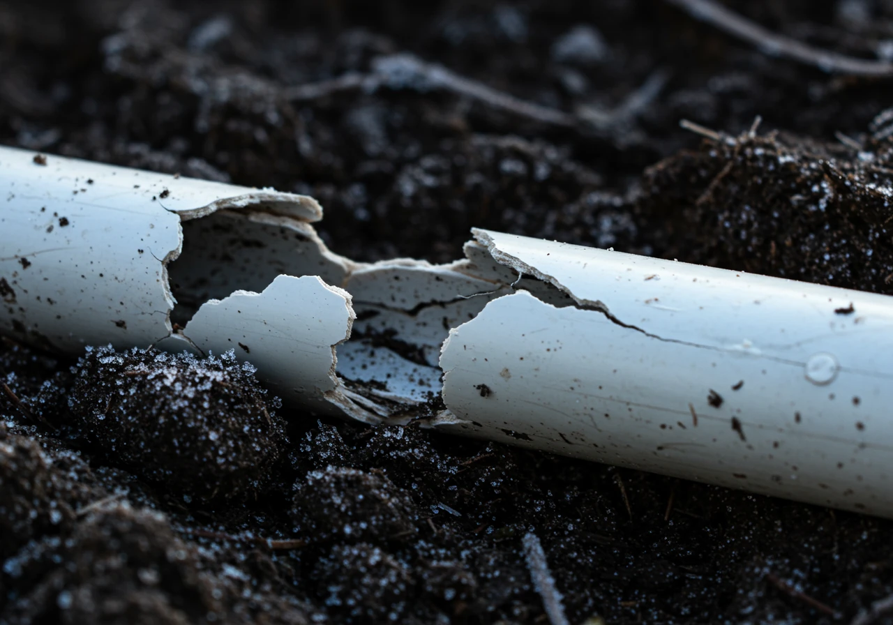 A close-up, detailed photograph illustrating the consequence of freeze damage. It shows a section of white PVC irrigation pipe, partially exposed from dark soil, with a visible jagged crack running along its length caused by internal ice expansion. Frost crystals are visible on the surrounding soil to emphasize the cold conditions.