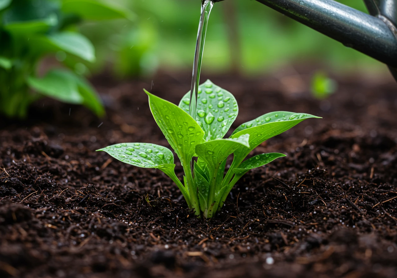 Close-up of a newly planted perennial division being gently watered into its new spot.