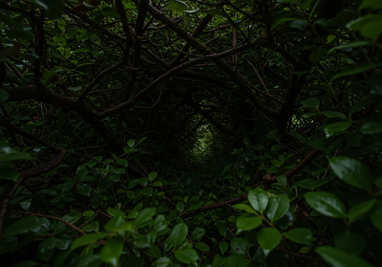 A close-up, slightly low-angle view looking into the dense interior of an overgrown shrub. The image should emphasize the lack of light penetration and tangled branches, visually representing poor air circulation. Perhaps show some slightly damp-looking leaves or shadowed areas suggesting conditions favourable for pests or disease, without explicitly showing disease.