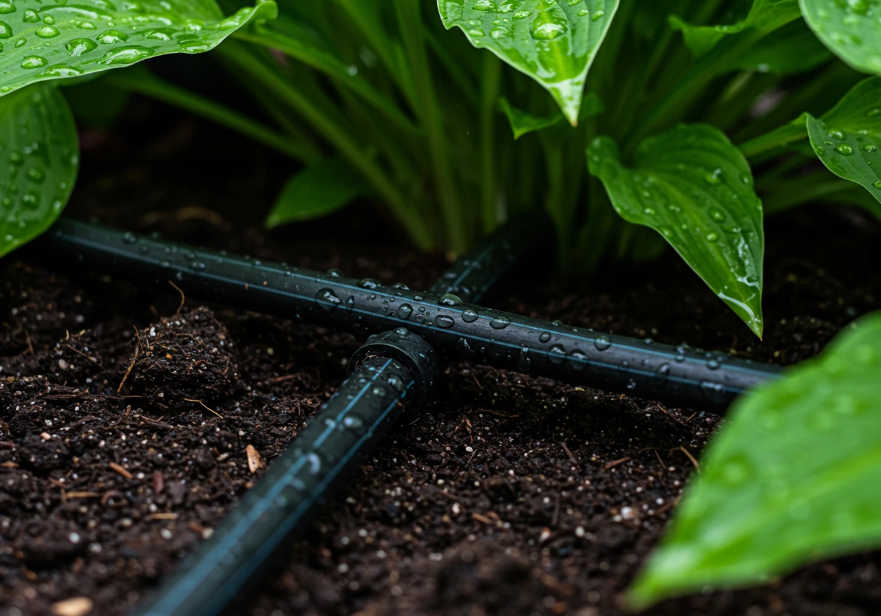 A close-up shot demonstrating a water-wise technique. Show either a dark brown soaker hose laid neatly on dark soil delivering water droplets near plant bases, or a watering can spout gently watering the soil at the base of a newly planted perennial, avoiding the leaves.