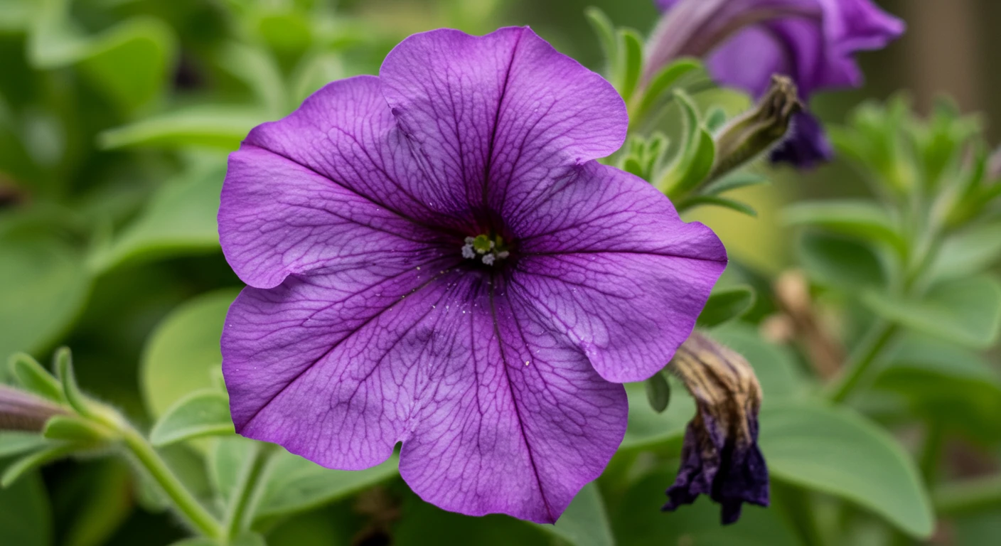 A close-up photograph focusing on a once-vibrant petunia plant now visibly wilted under the harsh summer sun in a garden bed. The background shows other healthy plants slightly blurred, emphasizing the struggling foreground plant. Captures the 'sad petunia' concept.