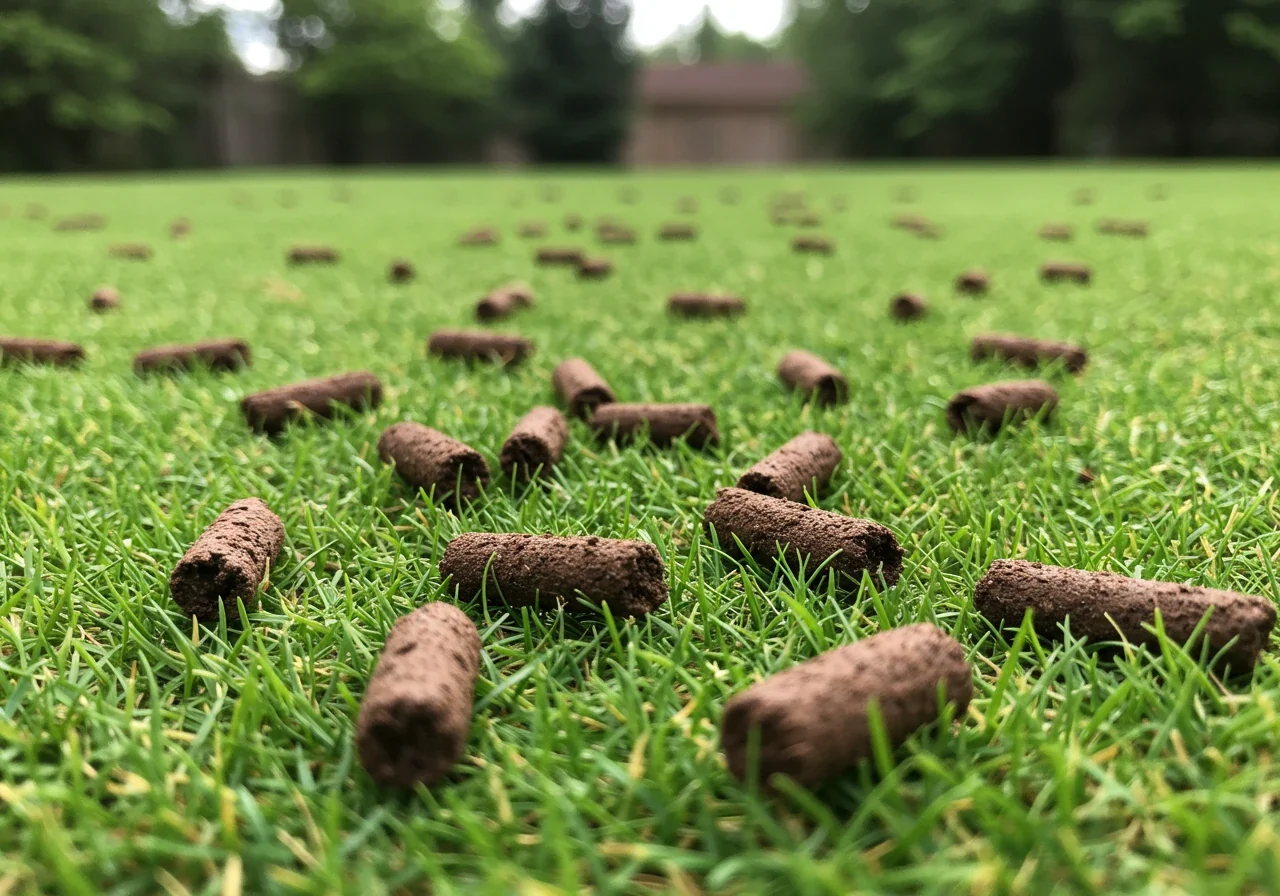 A detailed close-up photograph of a lawn surface immediately after core aeration. The image should clearly show the numerous finger-sized plugs (cores) of soil and thatch lying scattered on top of the green grass, with the corresponding aeration holes visible in the turf.