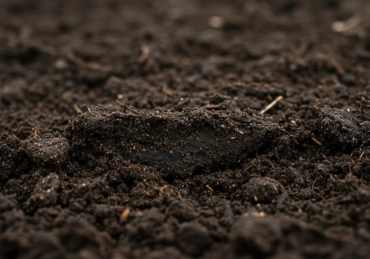A close-up shot focusing on the texture of ideal fall soil for grading. Show dark, slightly moist, workable loam soil, perhaps with a small trowel or shovel tip lightly disturbing it (no hands visible). The soil looks rich and easy to shape, not waterlogged or brick-hard.