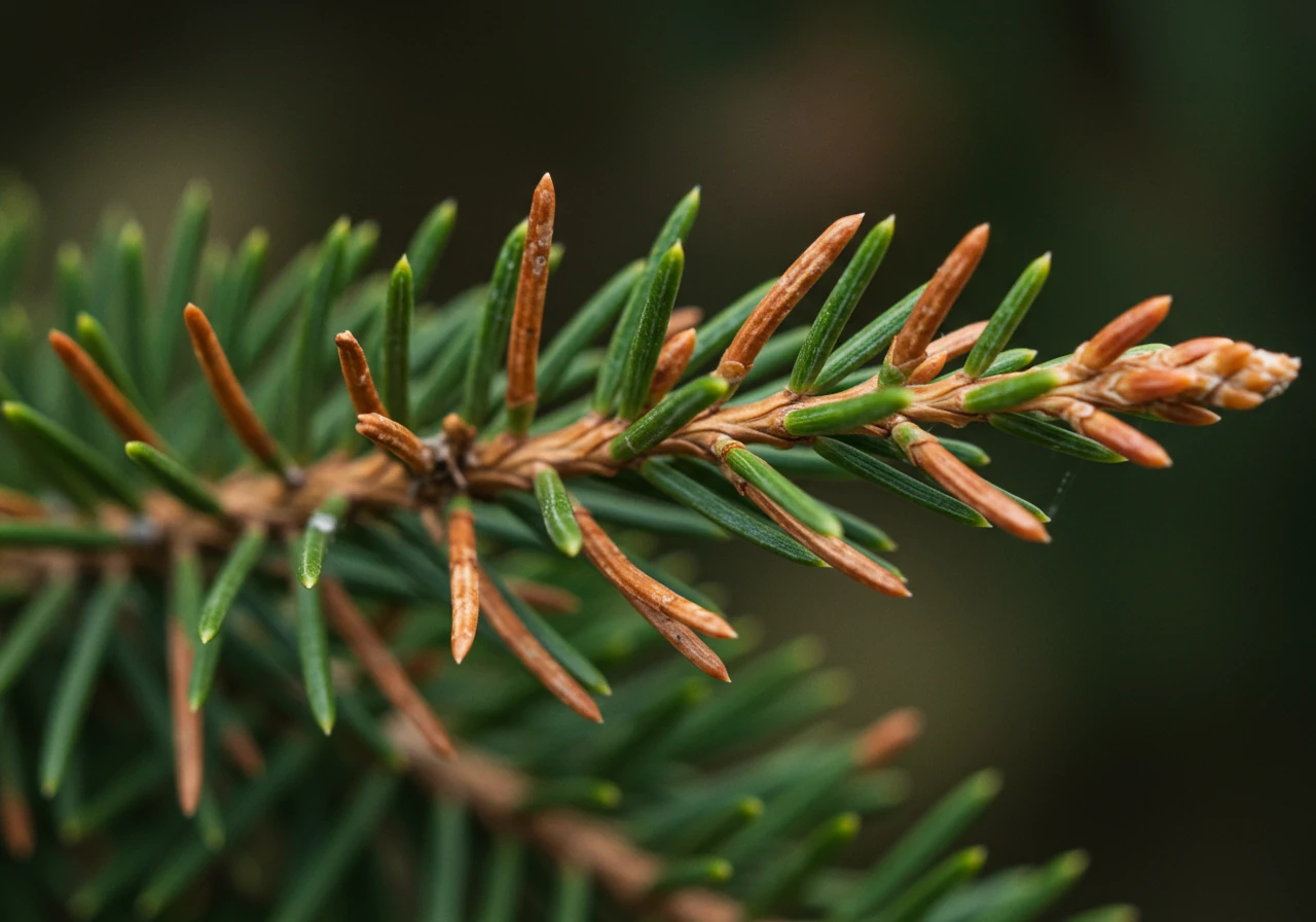 A close-up image clearly showing winter burn (desiccation) on evergreen needles. Part of the branch should show healthy green needles contrasting with the damaged brown/dried tips, visually explaining the concept.