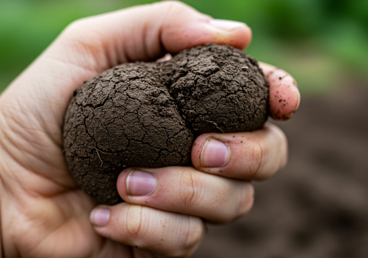 A close-up, slightly overhead photograph focusing on a handful of moist, dark brown clay soil being squeezed. The soil should clearly show its dense, sticky texture, forming a cohesive, slightly shiny ball or beginning to form a short, thick ribbon shape, demonstrating the 'squeeze test' for identifying clay soil. The background should be softly blurred natural garden soil or greenery.