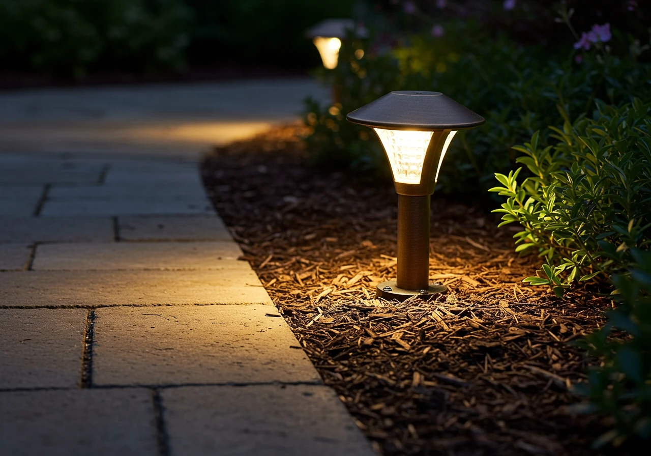 A close-up, focused shot of a single path light fixture installed within a garden bed bordering a walkway. The image should clearly show the design of the fixture (e.g., a classic bronze mushroom cap style) and the pool of warm light it casts downwards onto the path and surrounding mulch/plants at night, emphasizing its function for guidance and safety.