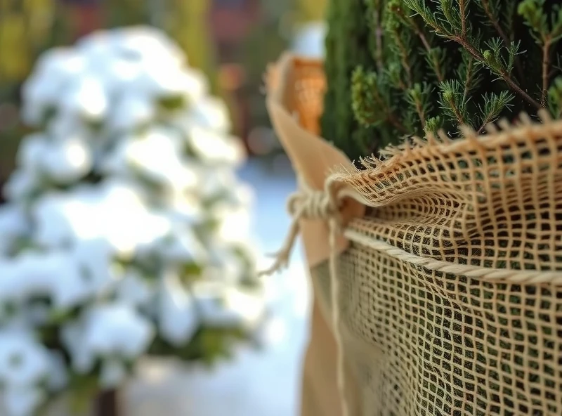 A close-up of a shrub (like a rhododendron or boxwood) wrapped in burlap for winter protection. The burlap should be neatly secured with twine, and the background should be slightly blurred, showing a snowy garden setting. Focus on the texture of the burlap and the protected plant.