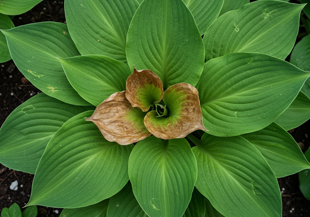A clear, top-down photograph illustrating the 'doughnut effect' in a perennial. The image should show a mature Hosta or Daylily clump with a visibly sparse, weak, or dead center, surrounded by a ring of healthy, green outer growth. This visually reinforces one of the key signs that division is needed.