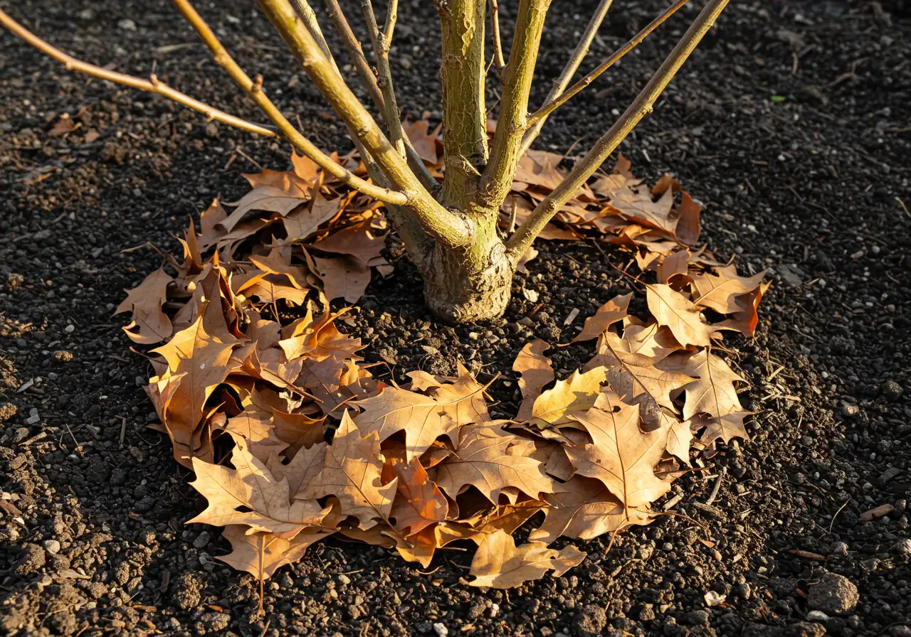 An image illustrating a sustainable gardening practice relevant to fall. Focus on a close-up view of shredded autumn leaves being used as natural mulch around the base of a shrub or perennial plant in a garden bed. The rich texture of the leaves and the dark soil underneath should be visible, conveying the benefit of recycling garden materials.