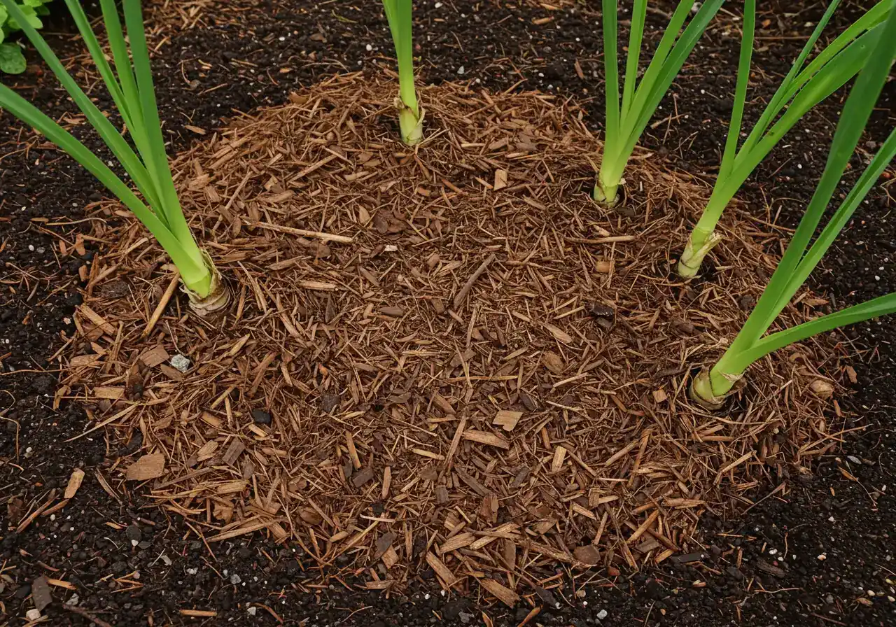 An overhead view of a garden bed in late fall where dormant perennials (like hosta or coneflower stalks) are properly mulched. A thick, even layer of dark brown shredded bark mulch covers the soil, but a distinct circle of space is left clear around the base (crown) of each plant.