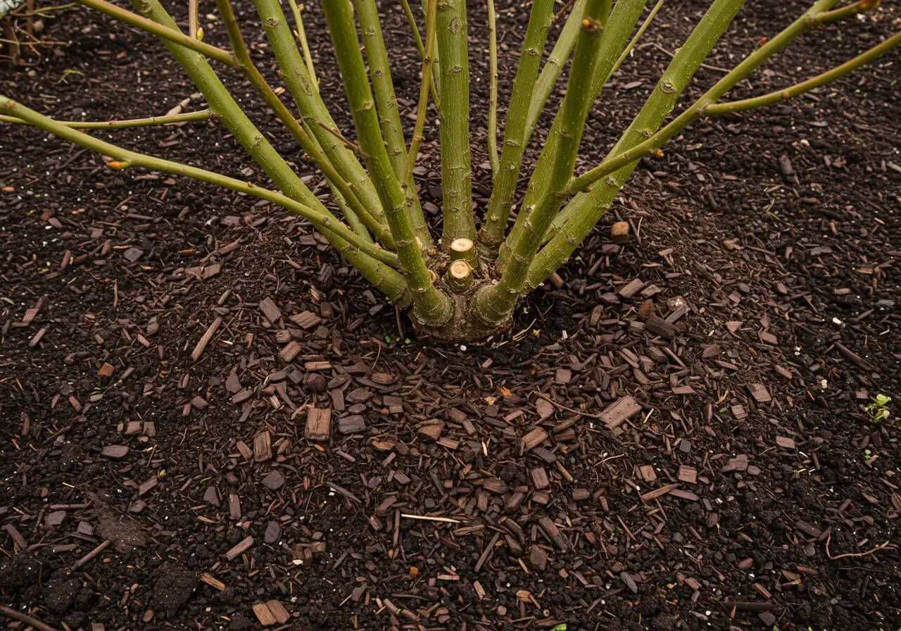 A visually appealing image demonstrating proper mulching after pruning. It should show the base of a recently pruned shrub with a neat, thick ring of dark organic mulch applied around it, forming a 'doughnut' shape that leaves space around the actual stems. Could show tiny emerging buds on the stems for optimism.