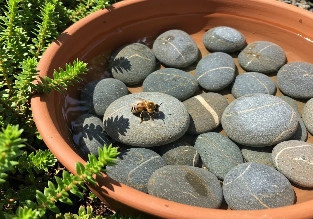 A detailed close-up image showcasing a safe water source for pollinators within a garden setting. The focus is on a shallow ceramic dish or natural stone depression filled with clean water and several small, smooth pebbles or marbles breaking the surface. A single honeybee or small native bee is delicately perched on one of the pebbles at the water's edge, appearing to drink. The surrounding area shows hints of low-growing green plants and soil. This illustrates point #2 (Water Source) clearly.