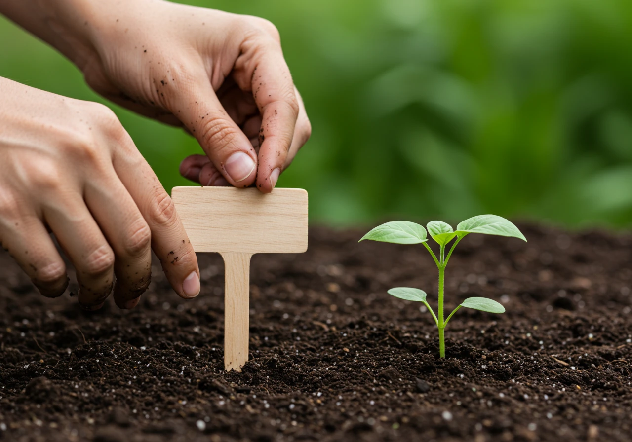 A close-up shot focusing on slightly muddy hands carefully placing a simple, blank wooden plant marker into the soil next to a newly planted seedling in a well-prepared garden bed. The background is softly blurred garden soil and greenery. Captures the 'in the garden' feel of recording.