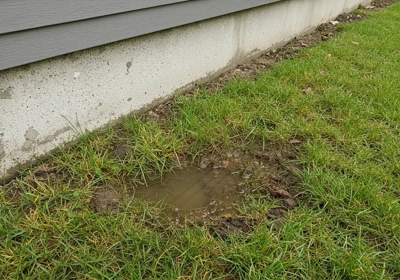 Illustrate poor drainage: A close-up view near a house foundation showing a patch of waterlogged, muddy lawn where water is pooling slightly. The grass is sparse and yellowing, clearly indicating a drainage problem affecting the turf health. The house foundation might show slight dampness at the base.