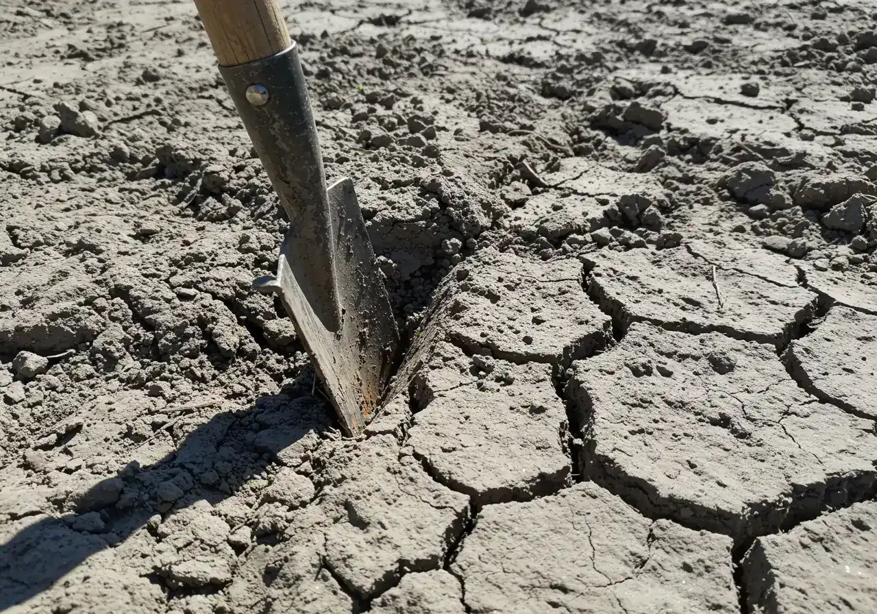A close-up, textured photograph highlighting the difficulty of working with heavy clay soil. The image should show dry, cracked, dense clay earth, perhaps with a gardening tool like a spade or fork partially stuck in it to emphasize the hardness.