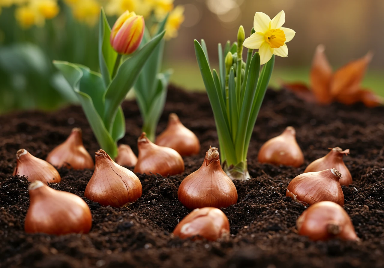 A close-up, eye-level view of various spring-blooming bulbs (tulips, daffodils, hyacinths) nestled into dark, prepared garden soil. Some bulbs are fully planted, while others are sitting on the surface ready to be covered. The focus is on the bulbs and rich soil, implying the act of planting without showing hands. Soft, natural autumn light.