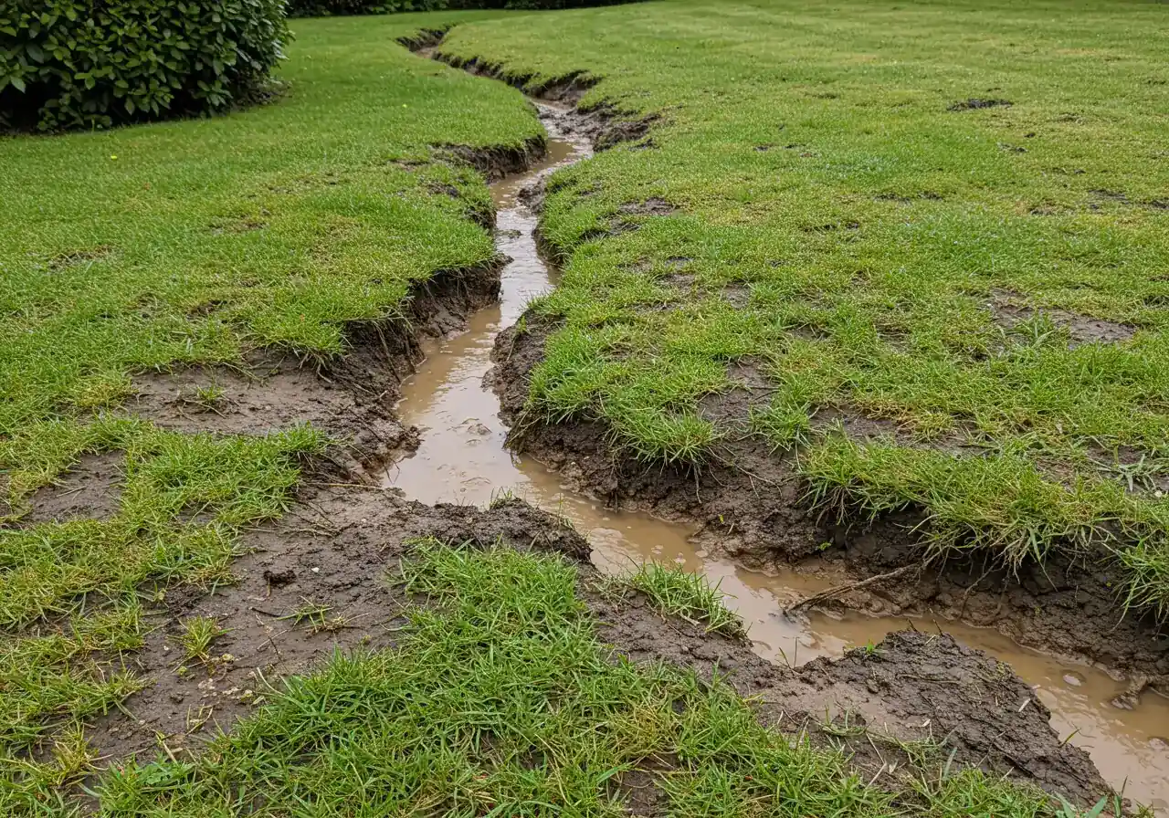 A clear visual example of soil erosion on a residential slope after rainfall. Focus on the visible signs mentioned in the text, like small channels (rivulets) carved into the soil and exposed plant roots, illustrating the problem the article addresses.