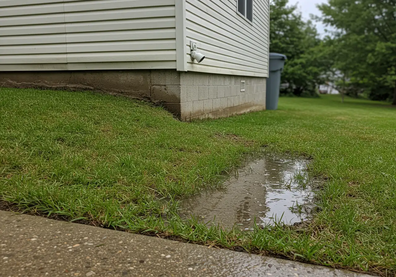 A visual example demonstrating a negative slope problem. The image should focus on the area where a lawn meets a house foundation, clearly showing the ground sloping downwards *towards* the foundation, causing water to pool directly against the wall. This helps illustrate the 'villain' described in the text.