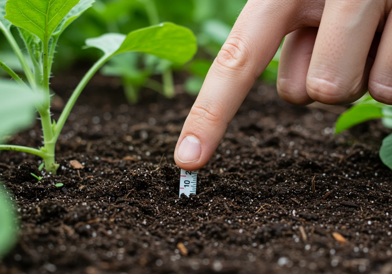 A close-up, eye-level view demonstrating the 'finger test' for soil moisture. The image shows dark, slightly moist garden soil with a finger gently inserted about two inches deep near the base of a healthy green plant stem. Focus should be on the soil texture and the finger's depth, indicating how to check if watering is needed.