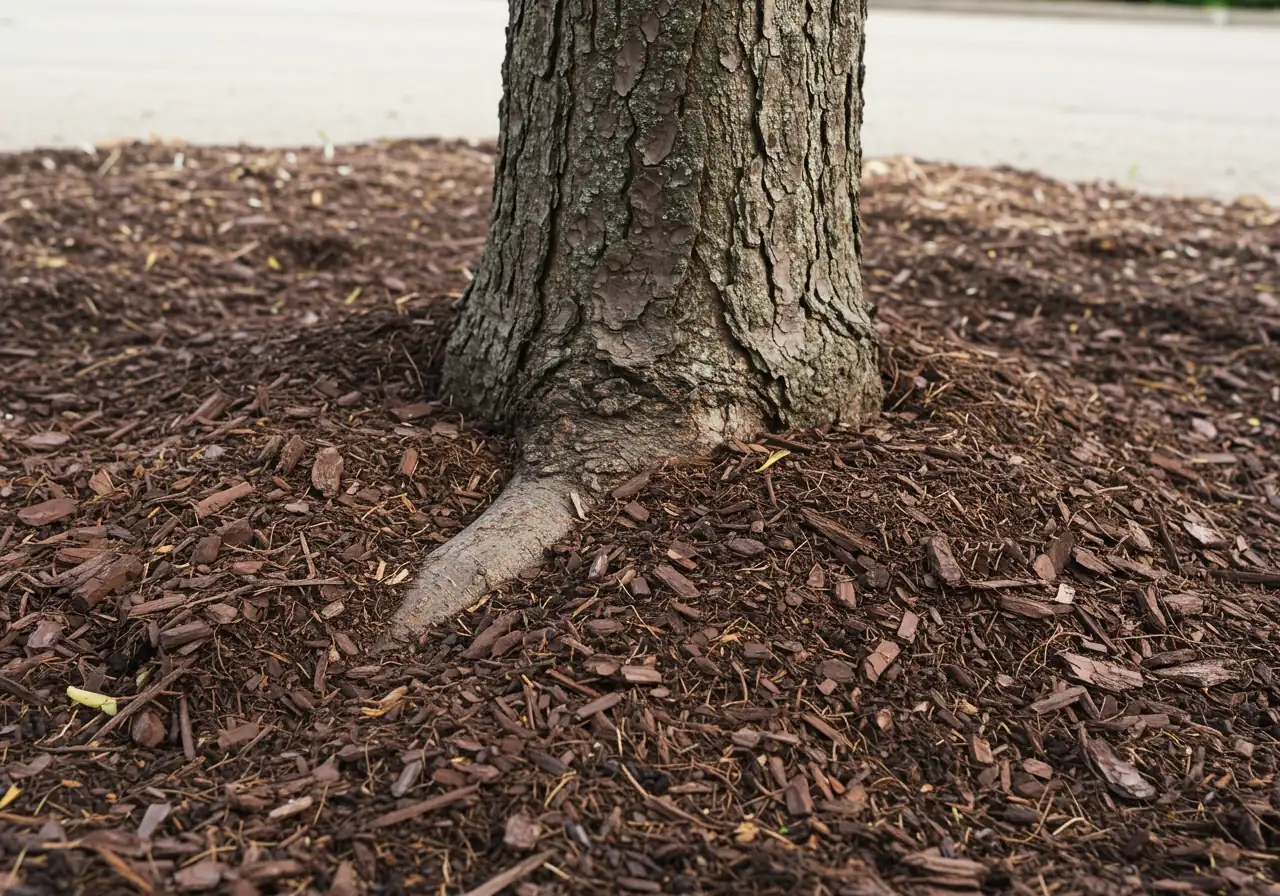 A clear close-up example of the incorrect 'volcano' mulching technique to avoid. The image shows the base of a young tree trunk with dark shredded bark mulch piled high directly against the bark, forming a cone or volcano shape, contrasting with the correct 'donut' method.