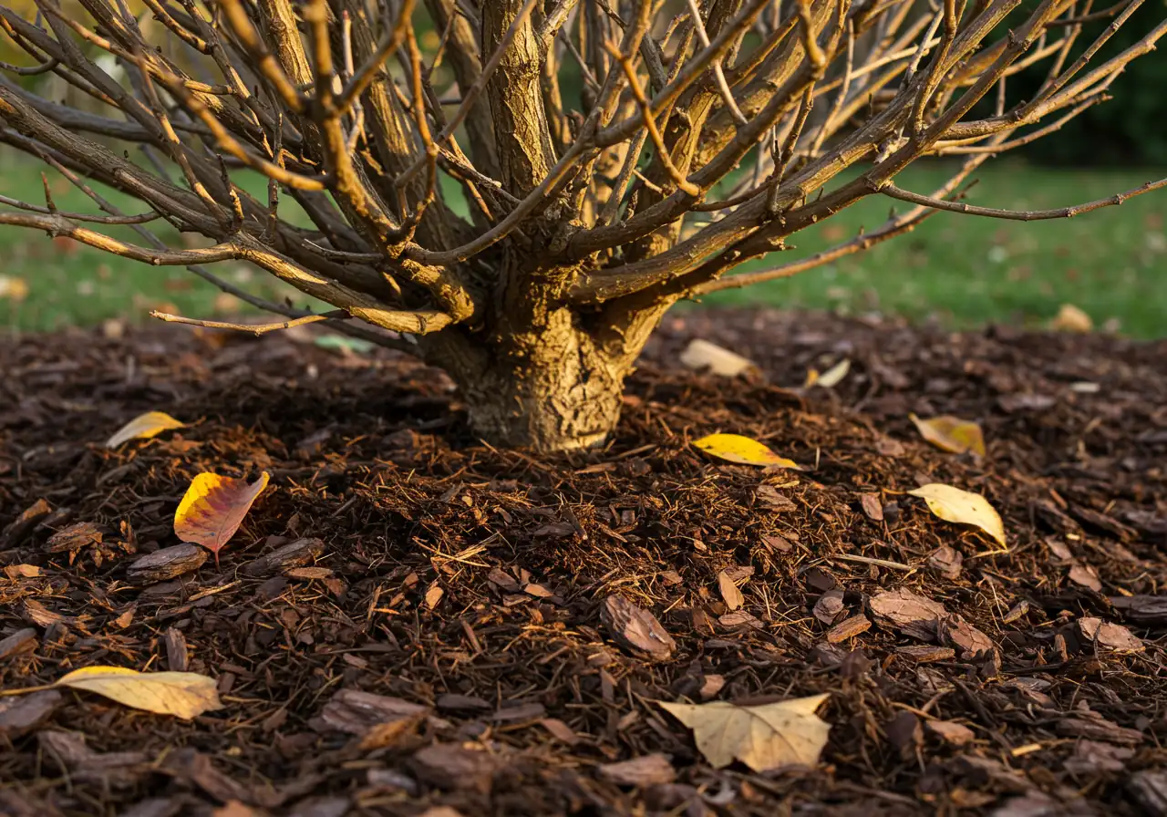 A close-up photograph focusing on the base of a dormant shrub in late autumn. It clearly shows a thick, 3-to-4-inch layer of dark brown shredded bark mulch applied correctly around the plant, pulled back slightly from the main stem to prevent rot. A few colourful fallen leaves rest on the mulch surface.