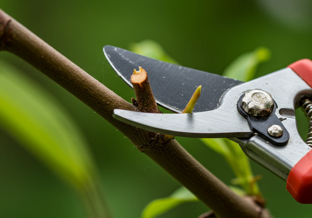 An illustrative close-up demonstrating a 'thinning cut'. The image should clearly show sharp bypass pruner blades positioned to remove a small, entire branch right back at its point of origin where it joins a larger stem or trunk. Focus should be on the precise placement of the cut at the branch collar, without showing hands. This visual clarifies the technique discussed.