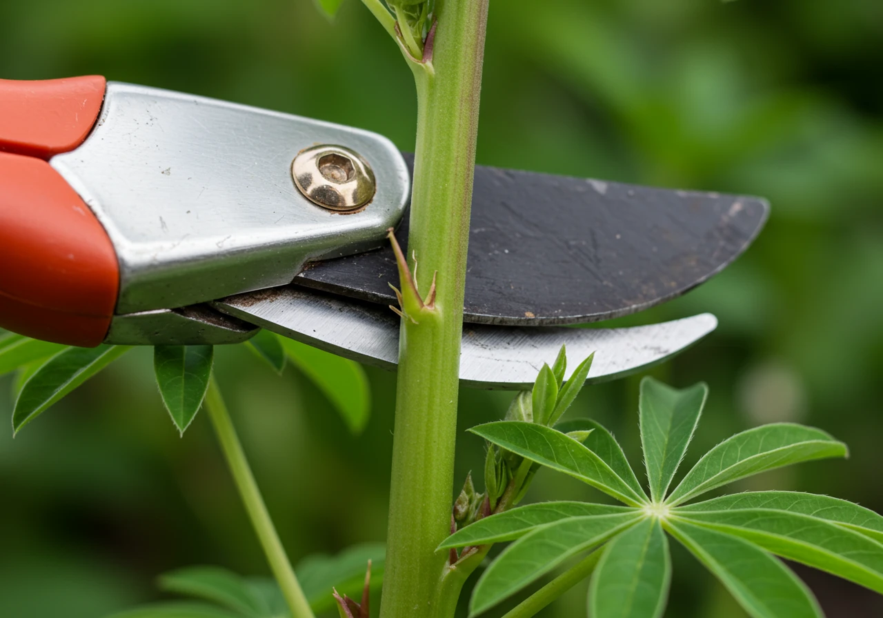 A clear, close-up photograph demonstrating the correct cutting technique for deadheading a lupin, without showing hands. The image should focus on the base of a fading lupin flower stem, with the blades of clean, sharp pruners positioned to cut the stem just above a set of leaves or a visible side shoot lower down.