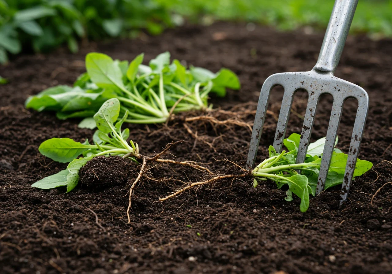 An image focusing on the result of using a long-handled weeder. Show a clean patch of garden soil with a few extracted weeds (including roots) lying beside the hole, with the metal head/fork of a stand-up weeder visible resting near the extracted weeds, emphasizing effectiveness without showing the person.