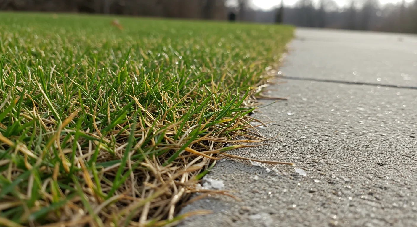 Illustrates the primary problem described: dead grass along paved edges contrasting with healthy lawn. This visually grounds the reader immediately.