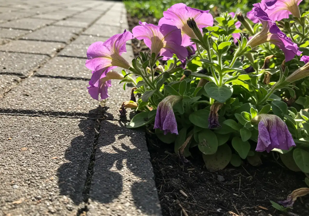 Illustrate the negative impact of a heat-amplifying microclimate. A close-up shot showing stressed, slightly wilted plants (e.g., annual flowers like petunias or impatiens) planted in dry-looking soil right next to a heat-radiating surface like dark paving stones or an asphalt driveway edge under the harsh summer sun.