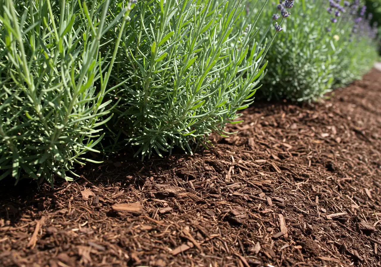 A close-up, visually appealing image highlighting the application and benefits of mulch in a hot, sunny garden spot. The focus should be on a generous layer (2-3 inches) of dark brown shredded bark mulch neatly applied around the base of healthy, sun-tolerant plants (like lavender or ornamental grass). The texture of the mulch should be clear, covering the soil surface effectively.