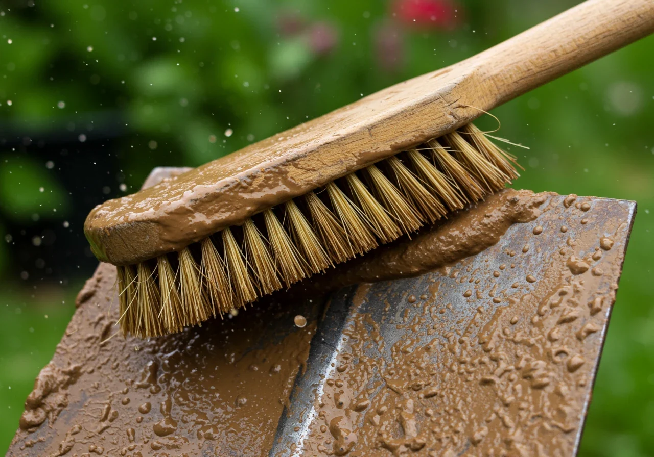 A close-up shot focusing on the cleaning process of a garden tool after use in clay soil. Show a muddy shovel blade or fork tines being cleaned with a stiff brush near a water source (like a hose nozzle or bucket edge, without showing the full bucket/hose). Capture water droplets and the removal of sticky clay, highlighting the importance of cleaning.
